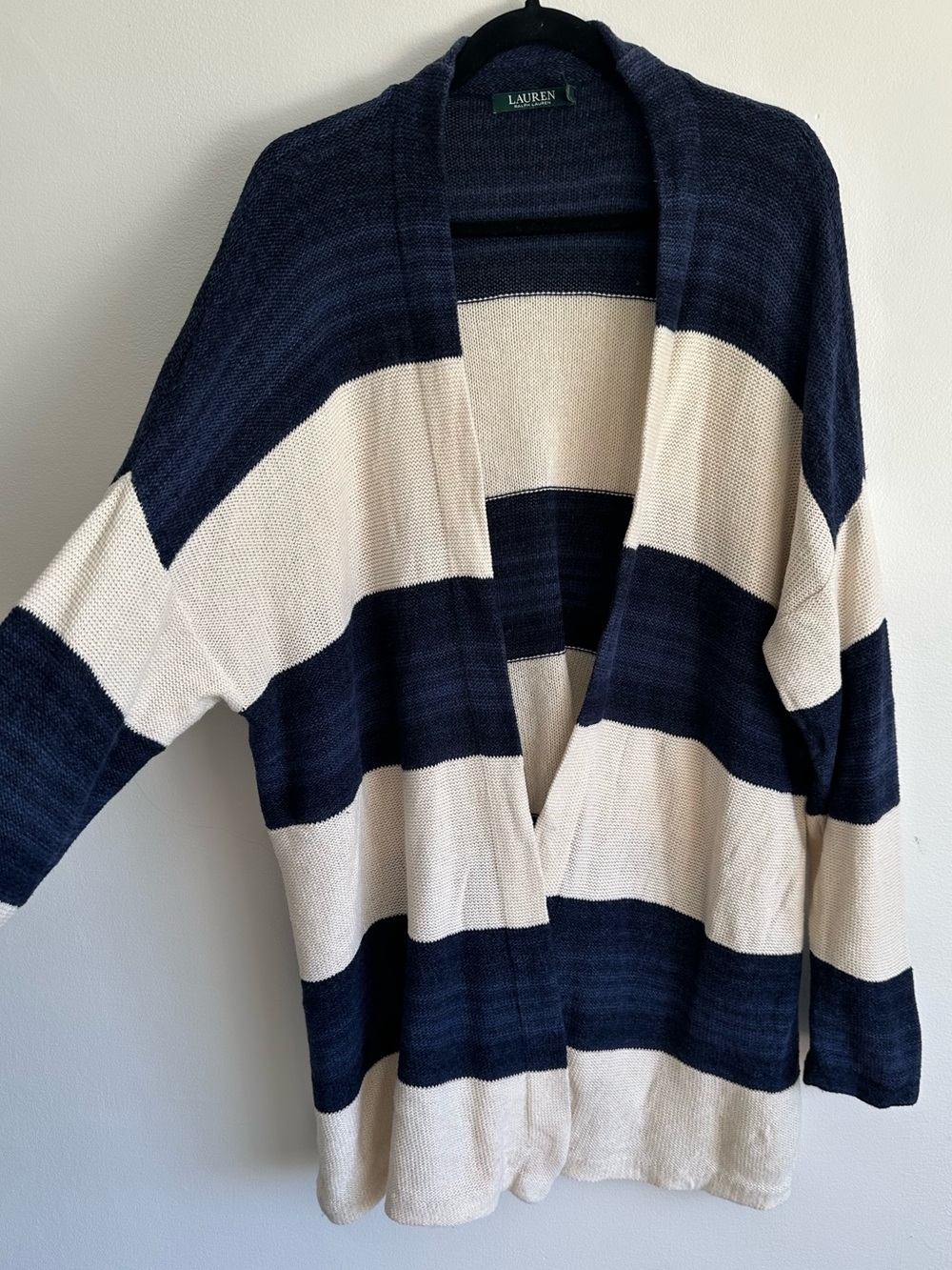 Lauren Ralph Lauren Linen Cotton Navy and Cream Striped Open-Front Cardigan XL